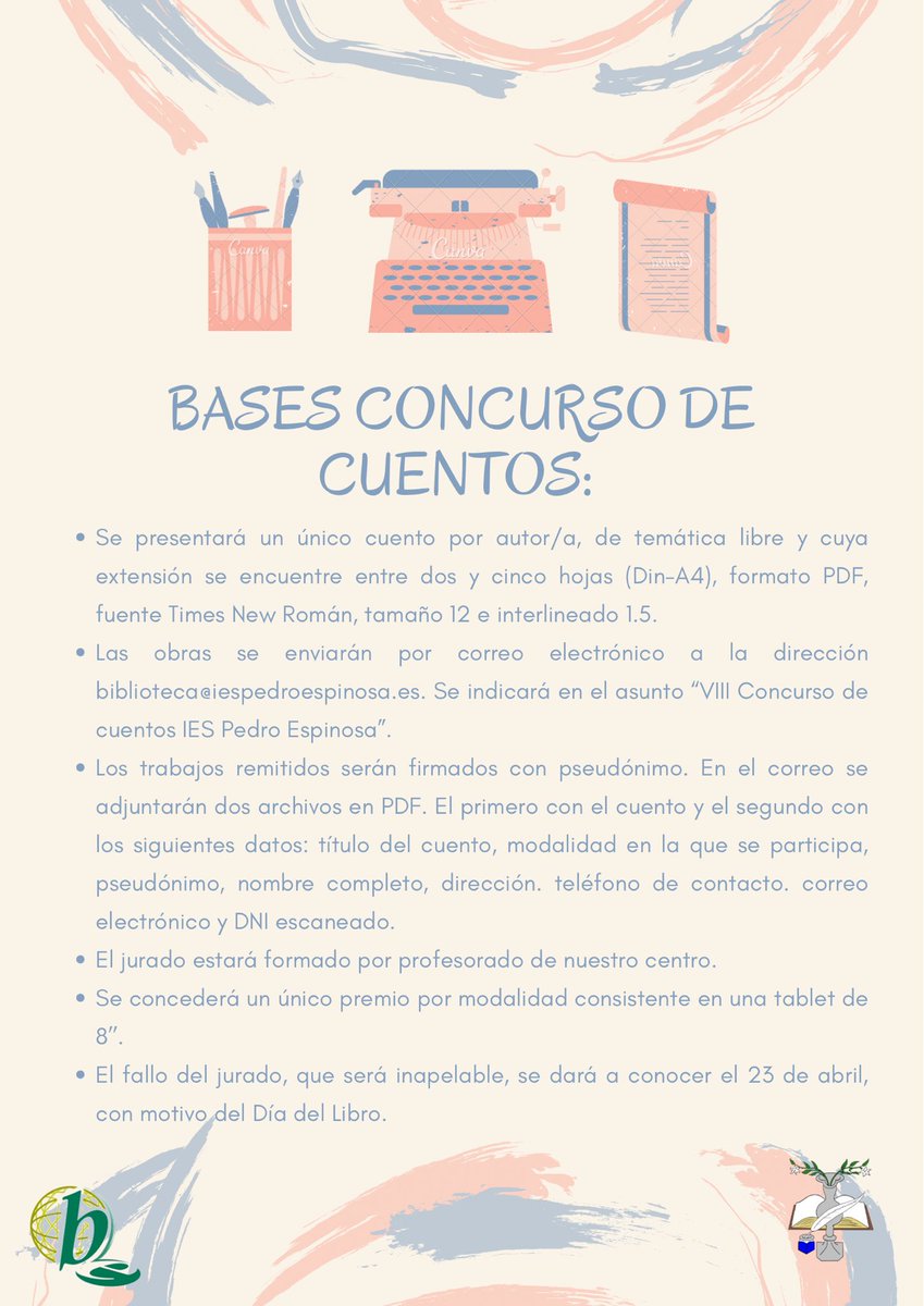 biblioespinosa's tweet photo. Empezamos la semana con nuestro VIII Concurso de Cuentos del @i_pedroespinosa 

Aquí os dejamos las bases y los plazos de entrega. 
                    ⬇️⬇️⬇️ https://t.co/bdI0DtZOW1