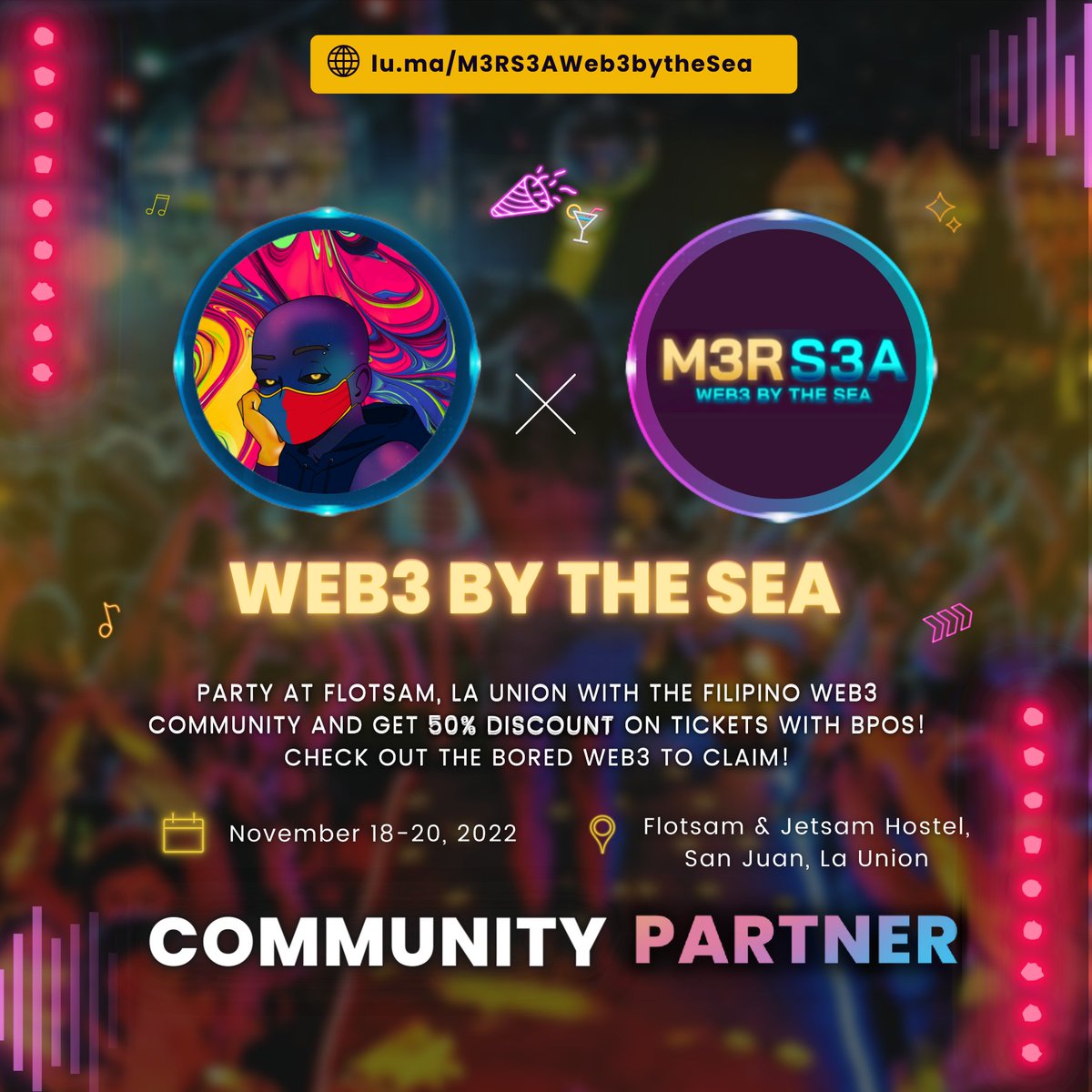 boredpunksoc's tweet photo. ✨ This is the party that you deserve ✨

A party with builders, VCs, entrepreneurs, gamers, degens, crypto OGs, and especially the bored community!

But wait, there's more... 🫣

Rico Blanco, one of the famous rockstars in PH will also celebrate with us by having a concert!🔥 https://t.co/YXBnXFpN3A