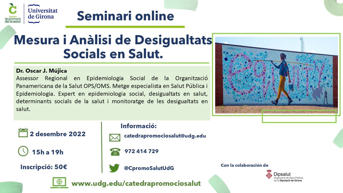📢Obrim inscripcions❗️ 
Seminari "Mesura i Anàlisi de #DesigualtatsSocials en #Salut" 👌
 🗣️Oscar J. Mújica 
🗓️ 2 desembre 15h a 19h
💻Online
👉Inscripcions: bit.ly/curs_desigualt…