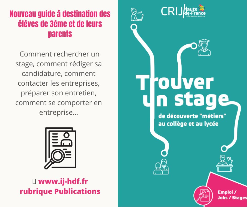[#stage3ème]
▶️ Pour accompagner élèves de #3ème et parents, le <a href="/crijhdf/">CRIJ Hauts-de-France</a> vient d'éditer un livret pour aider les #collégiens à trouver leur stage et réussir leur première immersion dans le monde du travail.
👉à télécharger sur▶️ij-hdf.fr, rubrique [NOS PUBLICATIONS]