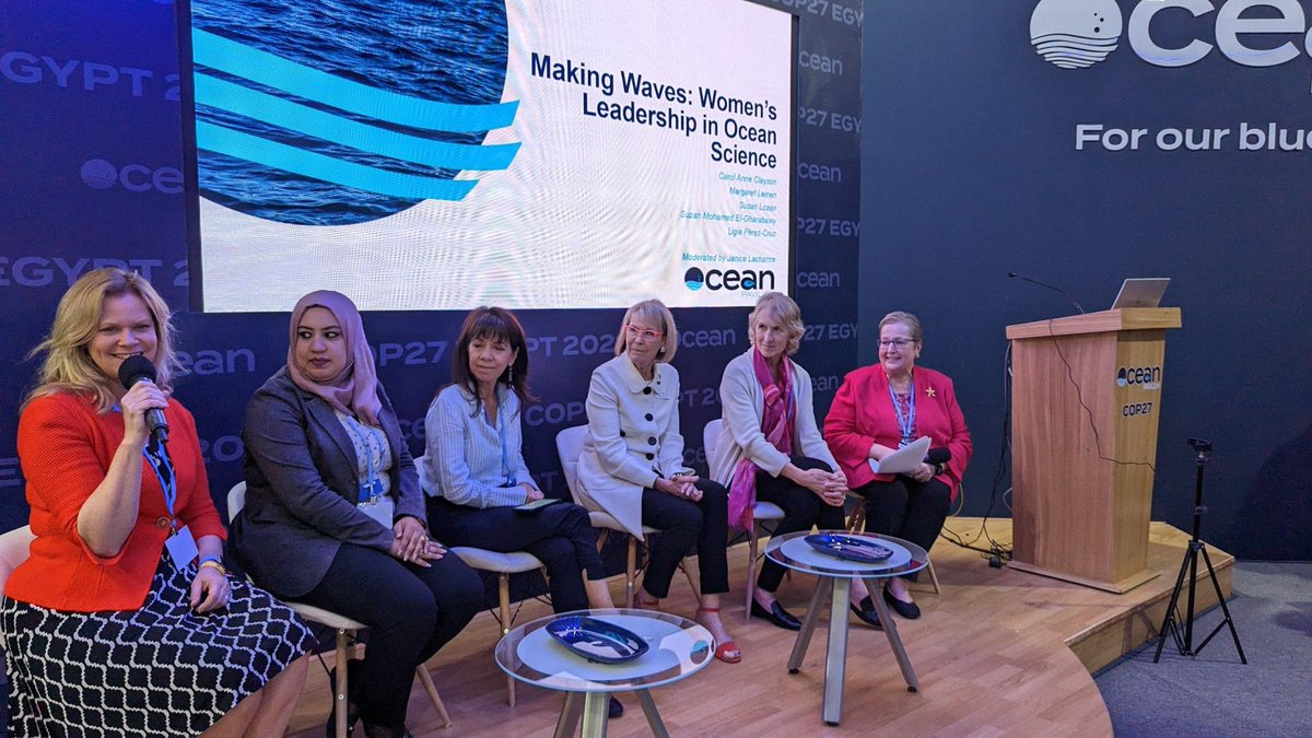 WHOI's tweet photo. Happening now! “Making Waves: Women’s Leadership in Ocean  Science” #oceanpavilion #ForOurBliePlanet #COP27 https://t.co/VE9rRGgrMw