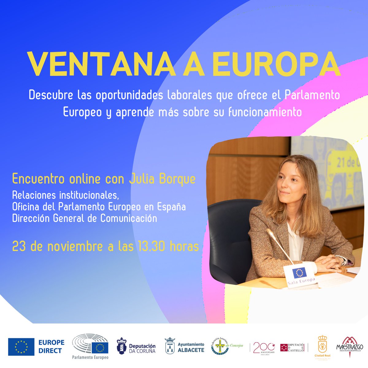 Tenemos una #VentanaAEuropa por la que descubrir el Parlamento Europeo 🇪🇺
Únete #online y conoce cómo funciona y qué posibilidades ofrece para tu futuro laboral con <a href="/Europarl_ES/">Parlamento Europeo en España</a>
📆23 de noviembre a las 13.30 horas
📌 forms.gle/viSkfdjhvq5uJK…