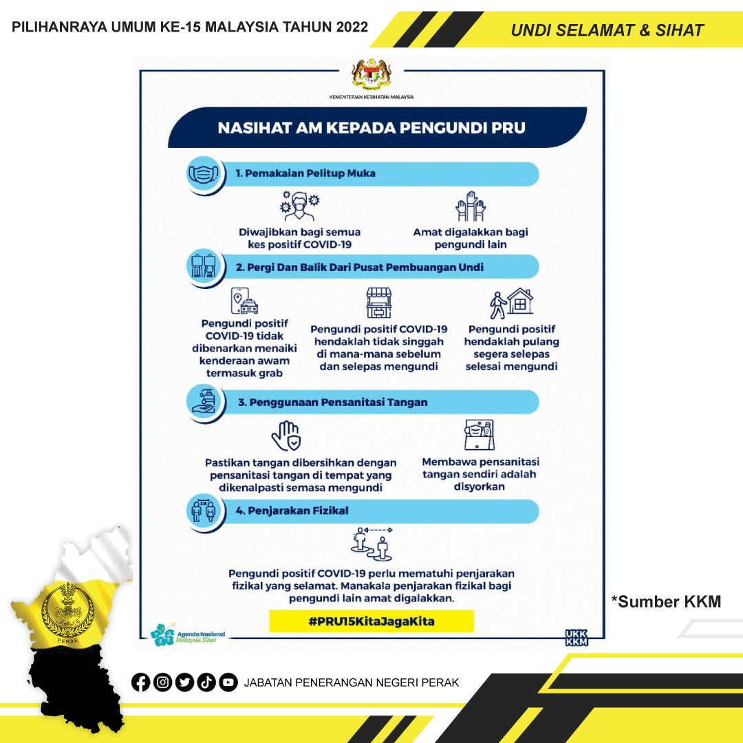 PenPerak's tweet photo. INFO PRU15 | PERAK

Nasihat am kepada pengundi ketika Pilihan Raya Umum ke-15 (PRU15).

Sumber : Kementerian Kesihatan Malaysia (KKM)

#PRU15Perak
#KeluargaMalaysia
#PeneranganPerak https://t.co/1IrQlfIezz