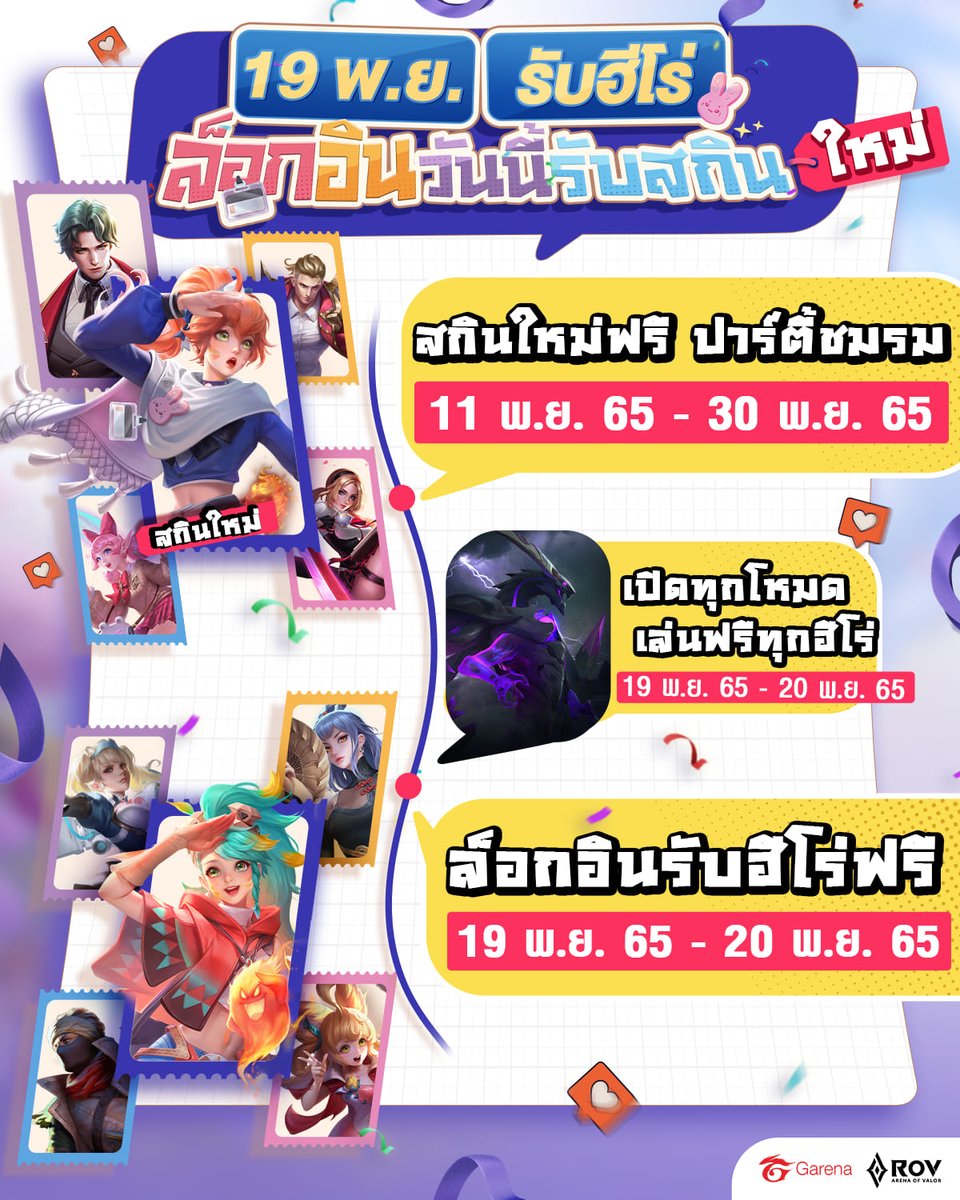 เปิดเทอมนี้ อย่าลืมมาสนุกไปกับ RoV  🎊
มีกิจกรรมและของฟรีมากมายในวันที่ 19 พ.ย. มาดูกัน! 
🏫 กิจกรรม "สกินฟรี ปาร์ตี้ชมรม"
🏫เปิดทุกโหมด เล่นฟรีทุกฮีโร่
🏫ล็อกอิน รับฮีโร่ถาวรฟรีทันที 
#19พยRoVรับฮีโร่ฟรี #RoV