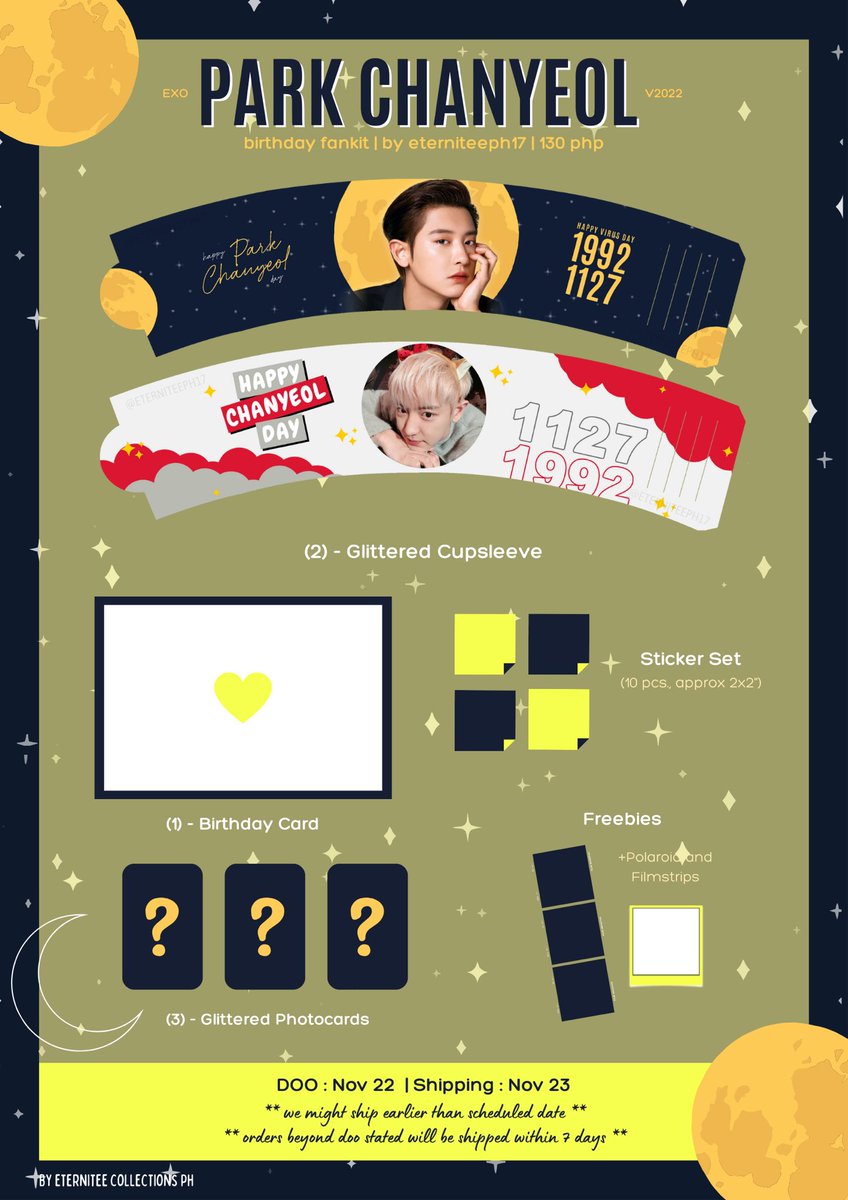 eterniteeph17's tweet photo. #ecphGO🐨

#EXO #CHANYEOL CUP SLEEVE BIRTHDAY FANKIT 🌕

130 PHP only
- Glittered Cup Sleeve (1 ea)
- BirthdayCard
- Glittered Photocard (3pcs)
- Sticker set (10 pcs, approx 2*2")

DOO: 11/22
TARGET SHIPPING DATE: 11/23 https://t.co/Rh5icZ1VJ9