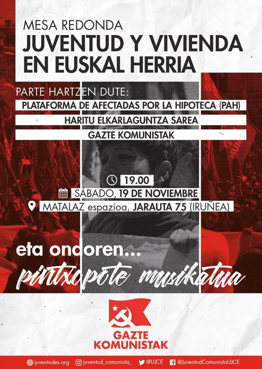 🏘️🗣️ Este sábado nos vemos en Matalaz para abordar el problema de la vivienda y la juventud en una mesa redonda junto a <a href="/haritu_sarea/">hARITU Elkarlaguntza Sarea / Red de Apoyo Mutuo</a> y <a href="/PAHHUTNavarra/">PahNavarra</a>.