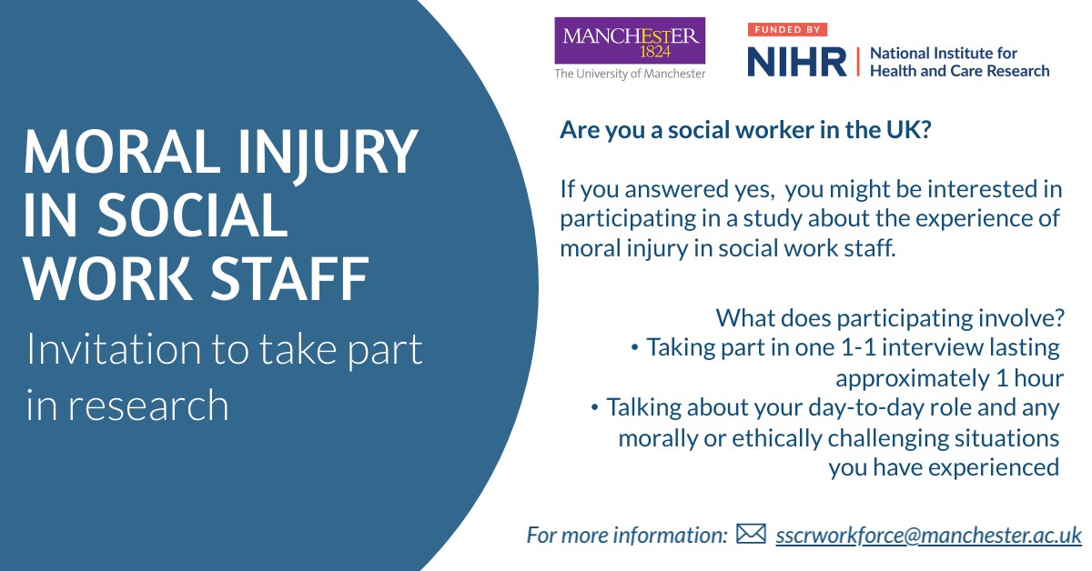 Social Care and Society @SCSManchester (@scsmanchester) on Twitter photo Are you a social worker currently working in adult services in the UK? You might be interested in taking part in an interview about #moralinjury. For more information email sscrworkforce@manchester.ac.uk Are you a social worker currently working in adult services in the UK? You might be interested in taking part in an interview about #moralinjury. For more information email sscrworkforce@manchester.ac.uk