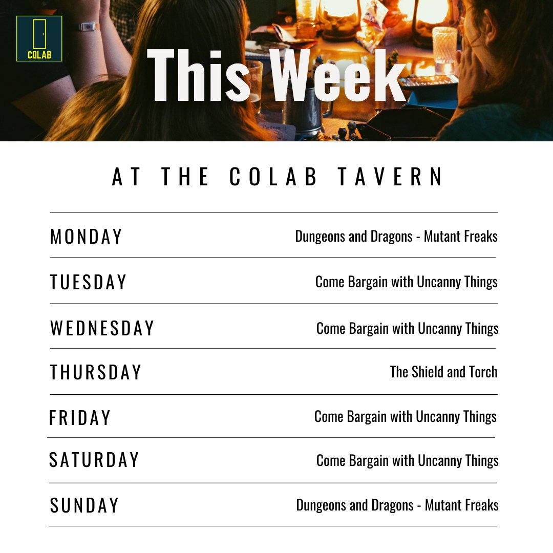 This week at the COLAB Tavern, for your enjoyment. 

Find out more about Mutant Freaks: bit.ly/3UAPHm0 

Uncanny Things Tickets: bit.ly/3EsNV0F 

The Shield and Torch: bit.ly/3E3ET9c