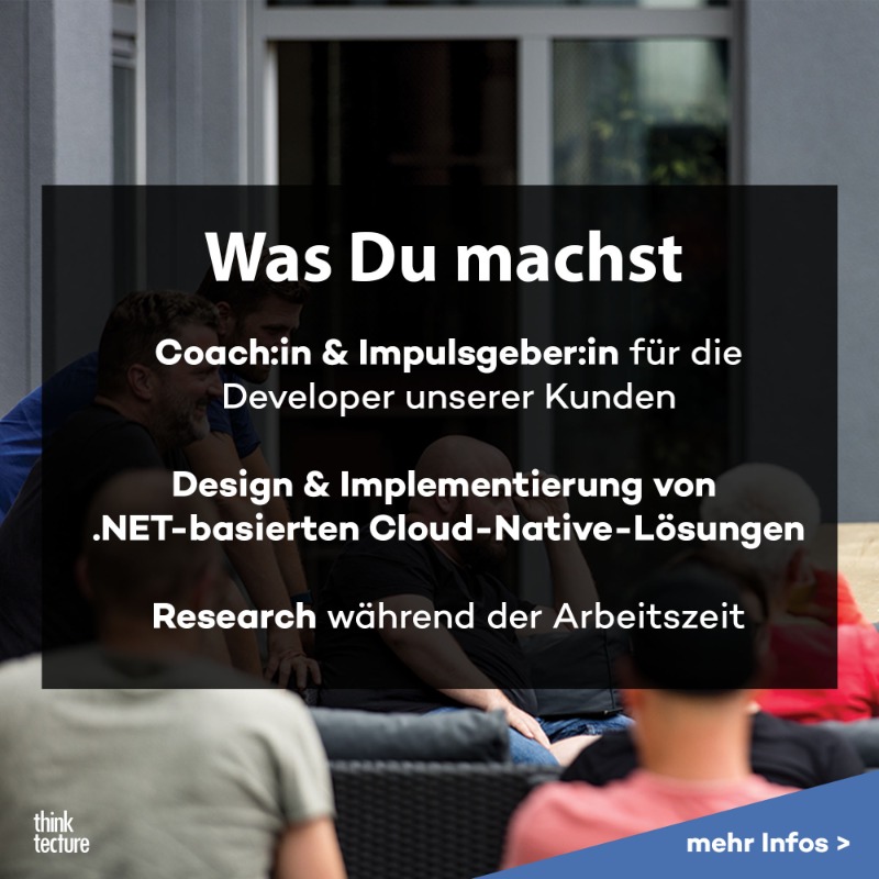 thinktecture's tweet photo. Hallo dotnet Developer! 👋 Du begeisterst Dich für die Cloud, möchtest, dass Deine Expertise im Fokus steht und von Experten gechallenged wird? 

Dann sollten wir uns kennenlernen  😉💬⬇️