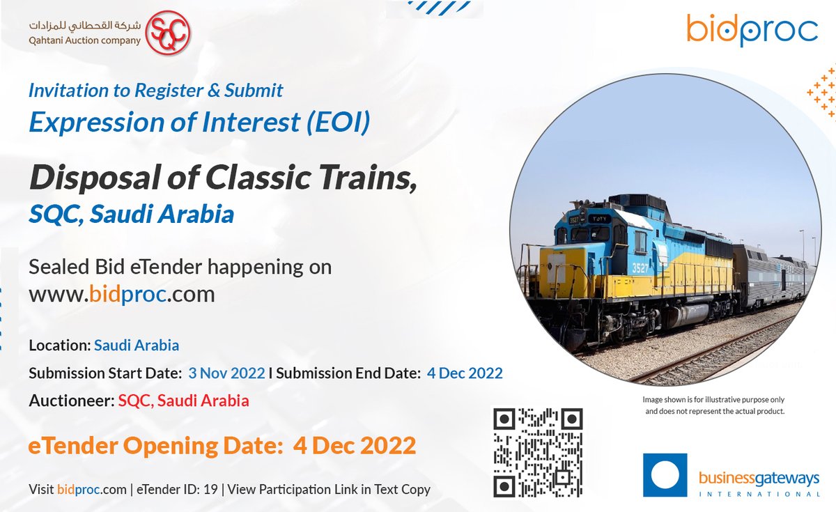 BGIinsights's tweet photo. bidproc & SQC (Saudi Arabia) invite bidders to participate in #eAuction of 9 Trains (with coaches) (Located in Saudi Arabia) through Sealed #Bid methodology on #bidproc. Event is supported by bidproc Partner - DroobTech - in #SaudiArabia. Click here https://t.co/NscMVnrkwG https://t.co/g1N1NzFEu3