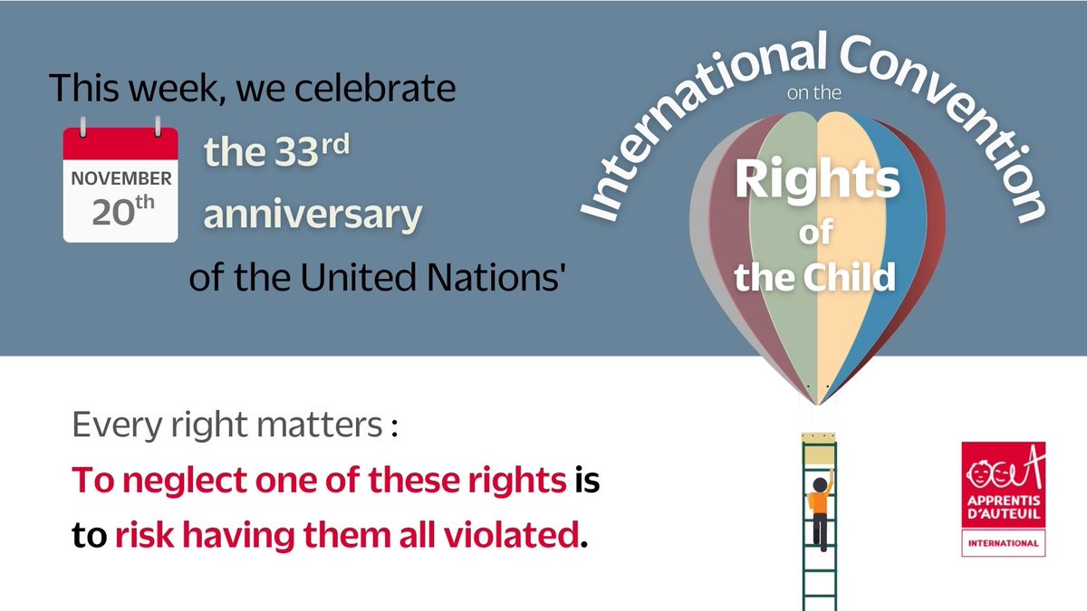 Apprentis_FAAI's tweet photo. On November 20th, the UN Convention on the Rights of the Child will be 33 🥳! 

#WorldChildrensDay is the occasion to restate that these rights are meant for all children, and none can be fully enjoyed without the others. 

#Everyrightmatters https://t.co/KjfZCyliT5