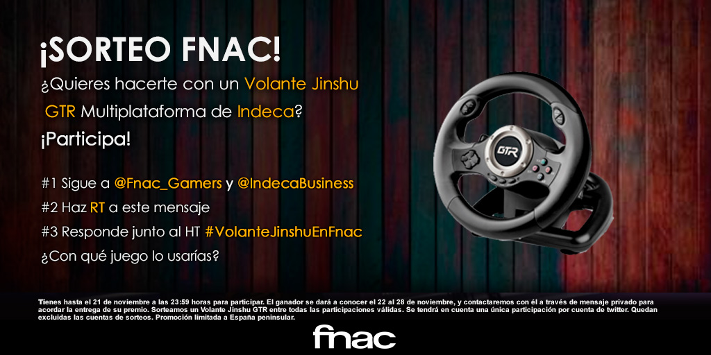 Si te gusta disfrutar de los juegos de conducción, necesitas tener sí o sí un volante🏎️

¿Quieres uno? ¡Participa!📢

✅Sigue a <a href="/Fnac_Gamers/">Fnac Gamers</a> y <a href="/IndecaBusiness/">Indeca Business</a>
✅RT 
✅Responde junto al HT #VolanteJinshuEnFnac ¿Con qué juego lo usarías?

¿Lo quieres ya?👇👇
fnac.es/Volante-Indeca…