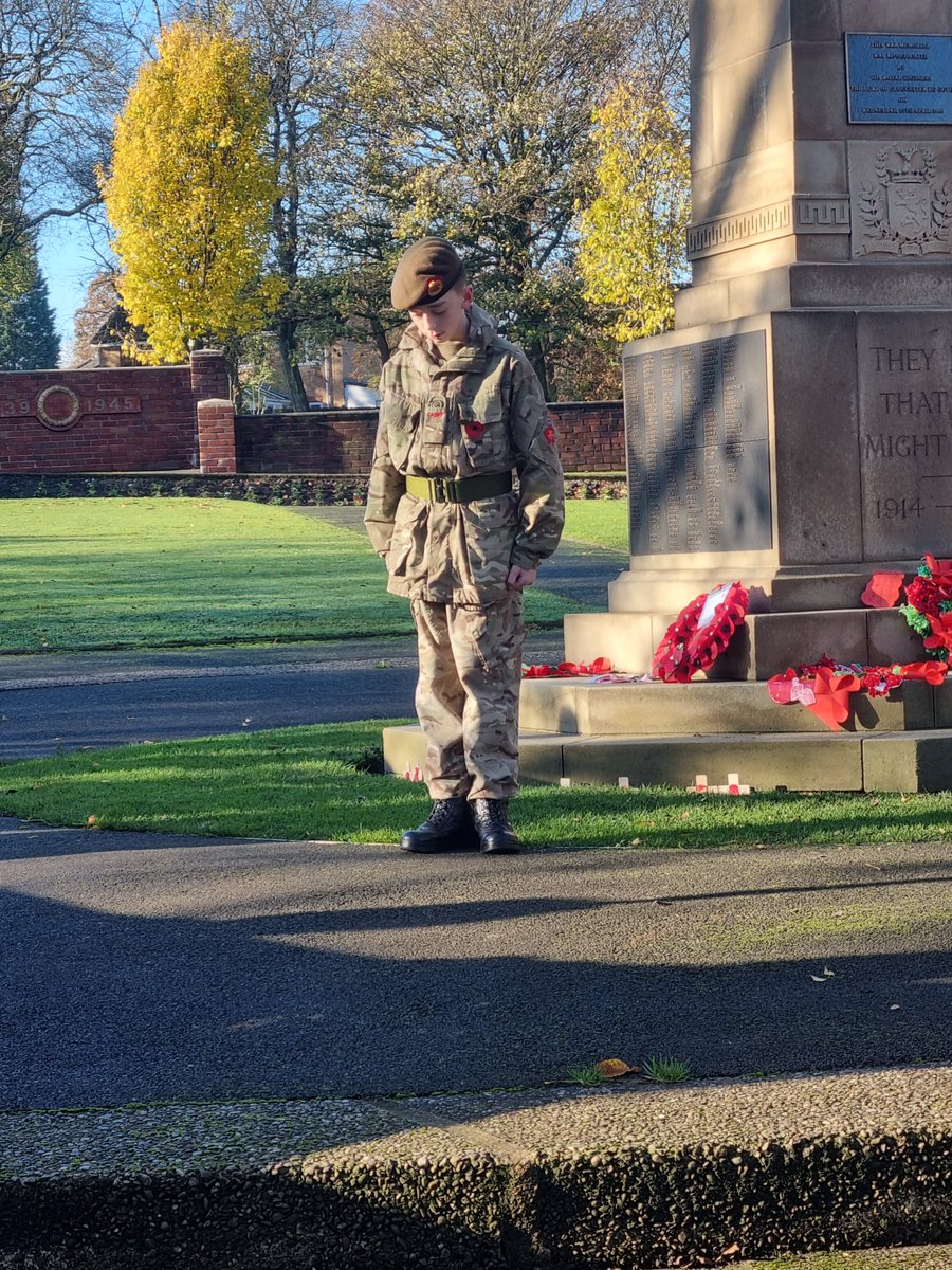 LadybridgeLs's tweet photo. So proud of H this morning. Lovely photos received of him at the Farnworth Remembrance Sunday event yesterday. Well done for standing still for 45 minutes guarding the cenotaph...very respectful. @LadybridgeHigh @HeadLadybridge https://t.co/nit02EEWdg