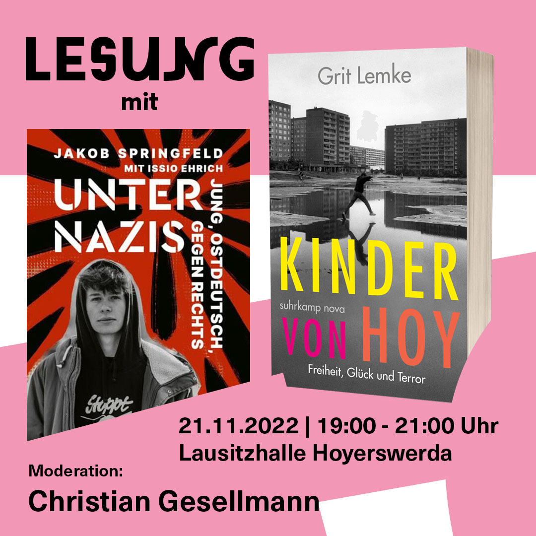 Lesung mit Grit Lemke und @jakobspringfeld, moderiert von @gesellmann am 21. November, ab 19 Uhr in der Lausitzhalle, #Hoyerswerda, im Rahmen der Ausstellung 'Offener Prozess' zum #NSUKomplex. Eintritt frei