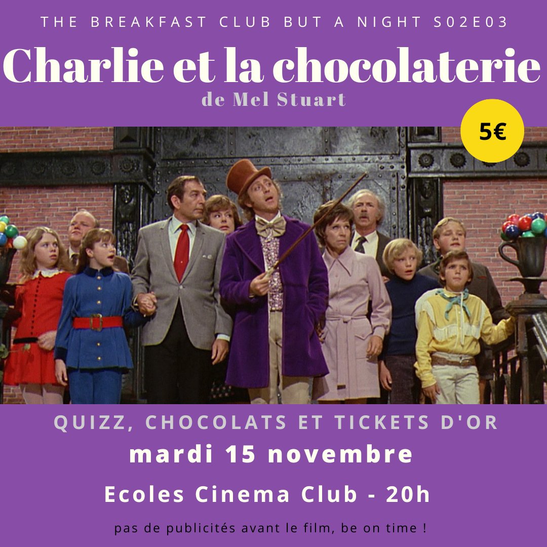 ParisCinemaClub's tweet photo. [Ciné-Club] 🍫
L'adaptation de CHARLIE ET LA CHOCOLATERIE de #RoaldDahl par #MelStuart a marqué toute une génération de cinéphiles. Pour beaucoup Willy Wonka gardera à jamais les traits du malicieux Gene Wilder (sorry Johnny) 🎩

Demain à 20h aux Écoles dans le Breakfast Club 🍬 https://t.co/pnMhuTIP2v