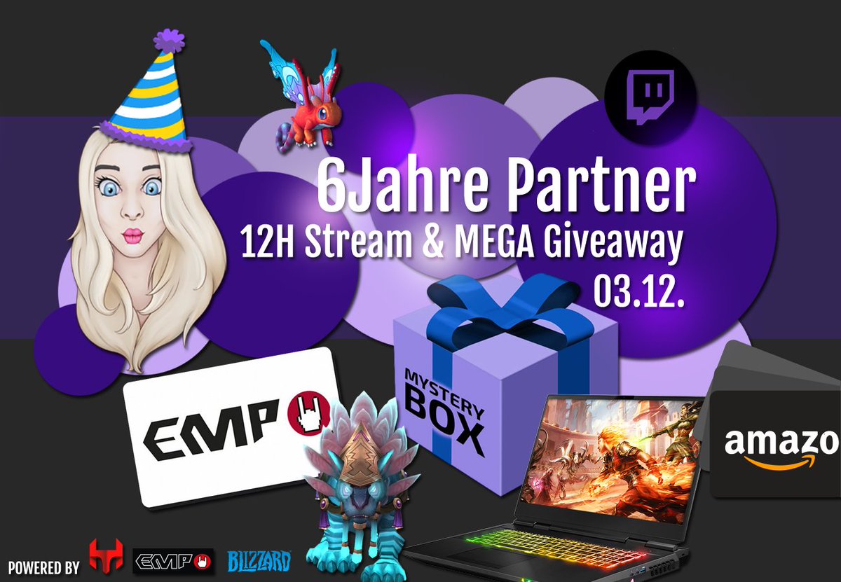 Neevi ✨ (@neevi_twitch) on Twitter photo 6 Jahre Twitchpartnerschaft! Wir feiern am 03.12 mit 12h Stream & vielen Giveaways - sogar ein fettes GamingNotebook!
Like 👍 Follow ✅ Retweet 🔄 & gewinne einen 50 Euro Amazon Gutschein (Auslosung am 03.12.22) #Werbung sponsored by <a href="/hitech_gamer/">HI-TECH for Gamers (MO-DO live @Twitch)</a> <a href="/emp_liveloud/">EMP Live Loud</a> <a href="/Blizzard_Ent/">Blizzard Entertainment</a> 6 Jahre Twitchpartnerschaft! Wir feiern am 03.12 mit 12h Stream & vielen Giveaways - sogar ein fettes GamingNotebook!
Like 👍 Follow ✅ Retweet 🔄 & gewinne einen 50 Euro Amazon Gutschein (Auslosung am 03.12.22) #Werbung sponsored by <a href="/hitech_gamer/">HI-TECH for Gamers (MO-DO live @Twitch)</a> <a href="/emp_liveloud/">EMP Live Loud</a> <a href="/Blizzard_Ent/">Blizzard Entertainment</a>