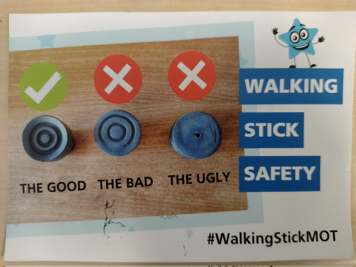 Walking Stick MOT Week November 14-18
Encourage colleagues to think about those they know - patients, friends or family - who use a walking stick and encourage them to check the bottom of it, as a worn ferrule can cause a fall
#walkingstickMOT  
#fallsprevention