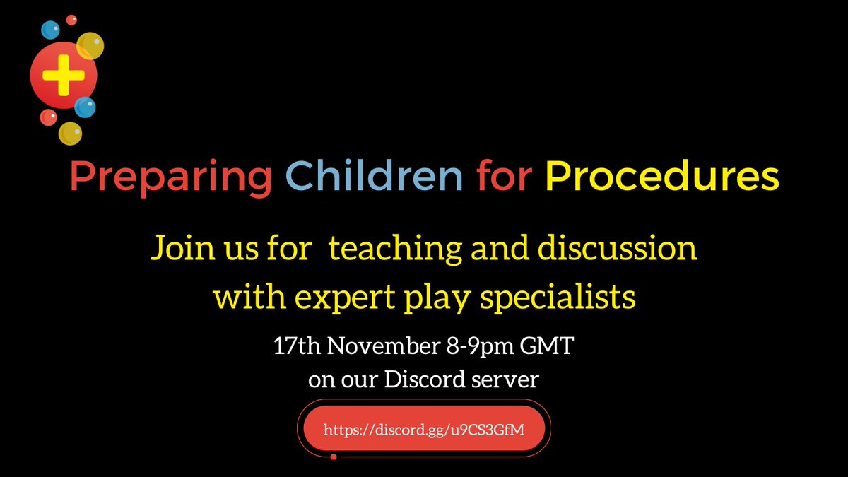 Preparing Children for Procedures 🤓 Join us for a live discussion with expert play specialists to learn the best tips/ tricks in preparing children for procedures 📆 17th November 8-9pm GMT 🔗 discord.gg/u9CS3GfM See you there!
