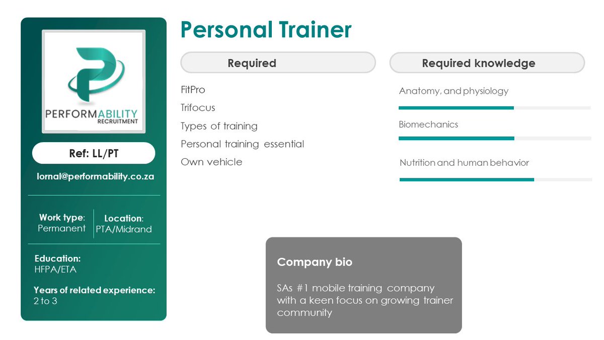 _Performability's tweet photo. Are you certified Personal Trainer and looking for a new and exciting role in Pretoria East and Midrand? Then this is for you. Send your CV to the email address given.
#hiringalert #HIRINGNOW #jobsearch #recruitment https://t.co/Vy5H0hmEqP