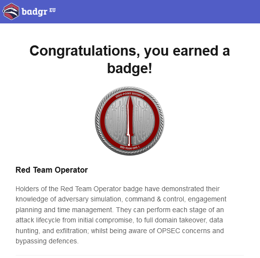 Just received my RTO 1 badge ! 🔥

Thank you <a href="/_RastaMouse/">Rasta Mouse</a> / <a href="/zeropointsecltd/">zero</a> for the awesome course and labs !