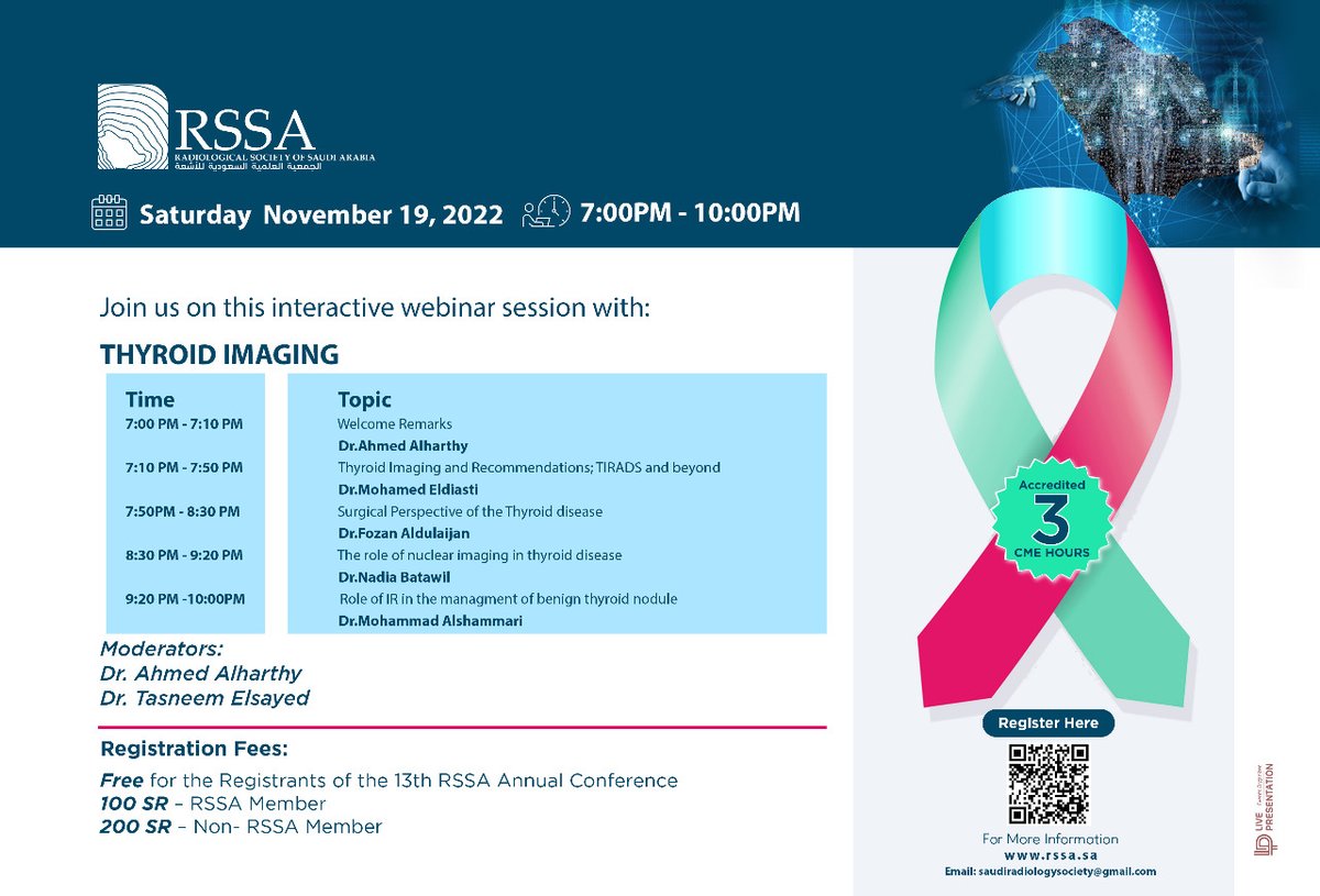 rssafeed's tweet photo. FREE WEBINAR FOR ALL WHO WANTS TO ATTEND WITH NO CERTIFICATE AND CME HOURS
📢THYROID IMAGING WEBINAR
🗓️November 19,2022 SATURDAY 7:00pm-10:00pm
✅3⃣CME hrs. for those who paid and registered for 13th RSSA Conference
Register here👇
https://t.co/OHSgjGnh5D
@ArwaBadeeb 
@NKhoumais https://t.co/1vn812tqrd