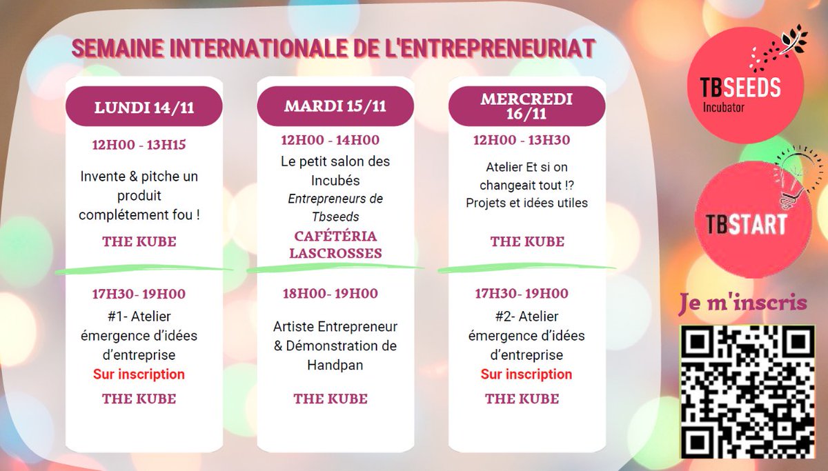 🚀 Semaine internationale de l'#entrepreneuriat : deux ateliers vous sont proposés à #TBSEducation demain 😉

➡ Pour vous inscrire : forms.gle/YR3U2RKJNjizAx…

#StartUp #Incubateur #TBSeeds #TBStart