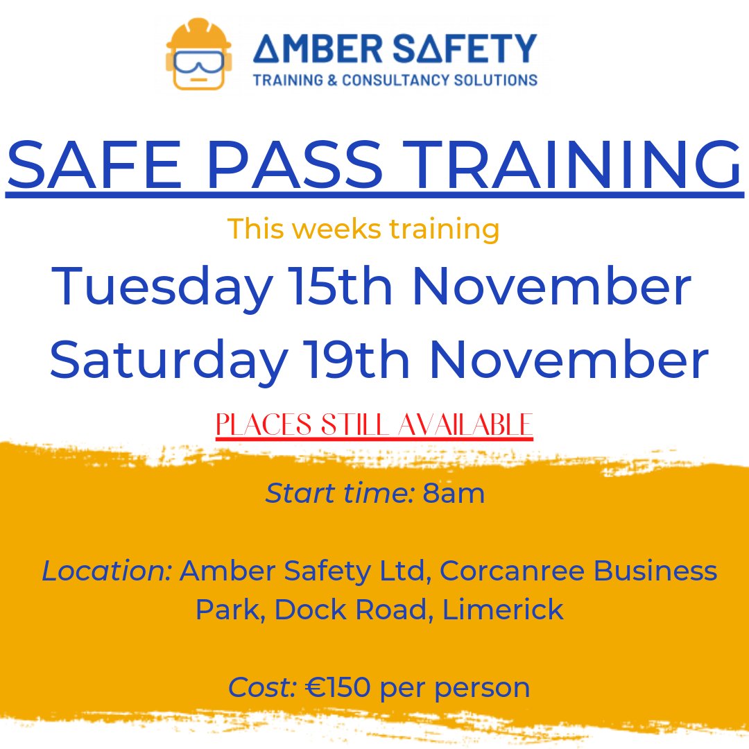 amber_safety's tweet photo. Safe Pass training - spaces still available this week! Book now to secure your place by calling 061-302520 or booking online https://t.co/wZxDQ7OTUt 

#safepass #safepasslimerick #trainingcourses #trainingcourseslimerick #ambersafety #limerick #healthandsafety #construction https://t.co/6GKWkhiqsz