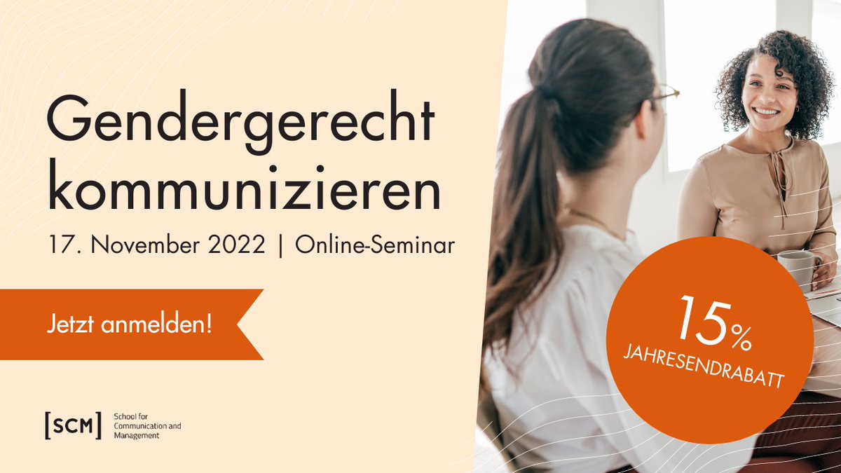 Last Minute Angebot - 15 % Rabatt!
Wie formulieren wir geschlechtergerecht, ohne die Sprache zu verbiegen? 
📣 Online-Workshop: Gendergerecht kommunizieren
🕖 Wann? 17. November 2022 | 4 Stunden
📍 Wo? Online
👉 Infos &amp; Anmeldung: scmonline.de/online-seminar…