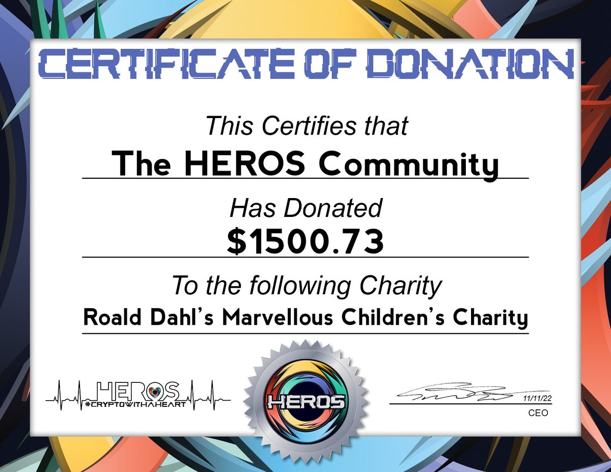HerosToken's tweet photo. @HerosToken completed the #donation of our last #charity #Poll to @RoaldDahlFund using their partner @TheGivingBlock bringing our total donated to $51,538 #LFG 
#CryptoWithaHeart #HEROS https://t.co/kfqhfBRxug
