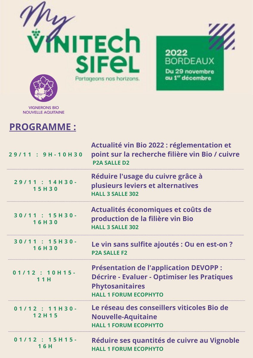 VigneronsBio_NA's tweet photo. Vinitech Bordeaux c'est bientôt ! 🤗​

Vignerons Bio Nouvelle-Aquitaine sera présent et ravi de vous accueillir sur son stand Vinitech du 29/11 au 01/12 😁​

Nous animerons ou participerons aux conférences suivantes : https://t.co/y81yBiTYYl