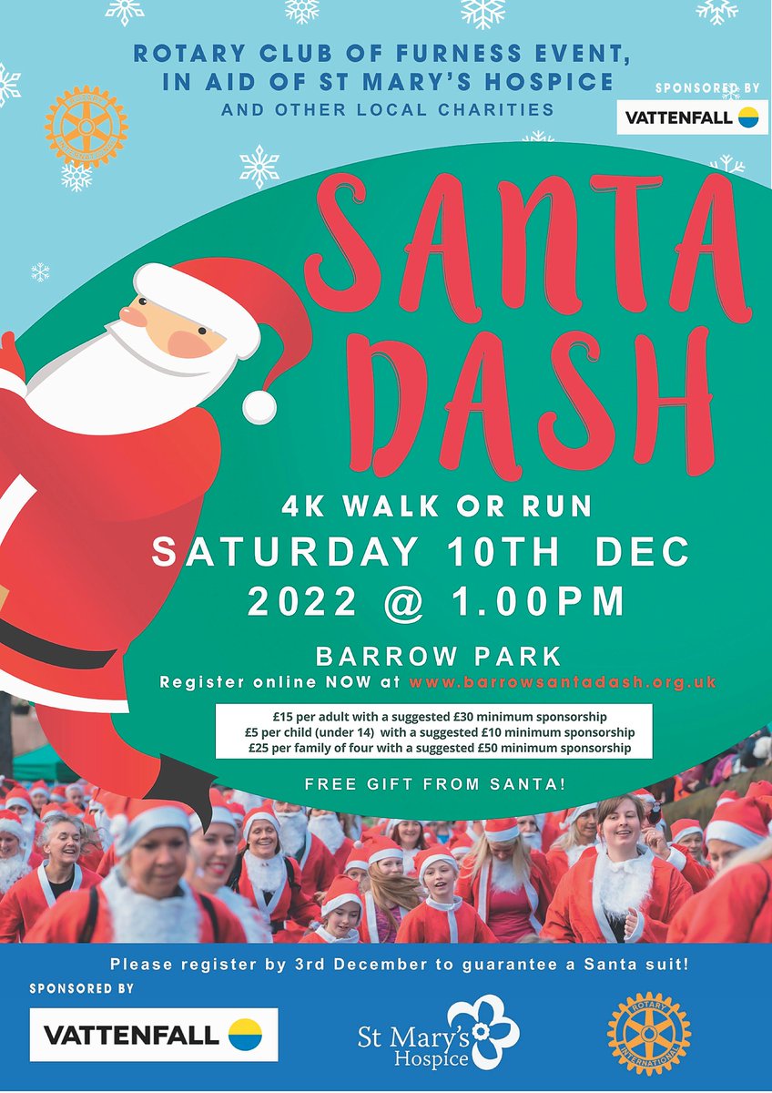 BarrowFull's tweet photo. SHARING!!
Our friends #Rotary club of Furness are hosting a Santa Dash for @stmaryshospice sponsored by @vattenfalluk Register online👉https://t.co/TuzzRRXB2Y.
It'll be a christmassy day for all as we'll also be there as part of A BarrowFull of Christmas: https://t.co/RT3RQgSvMc! https://t.co/iJxiWpqxXA