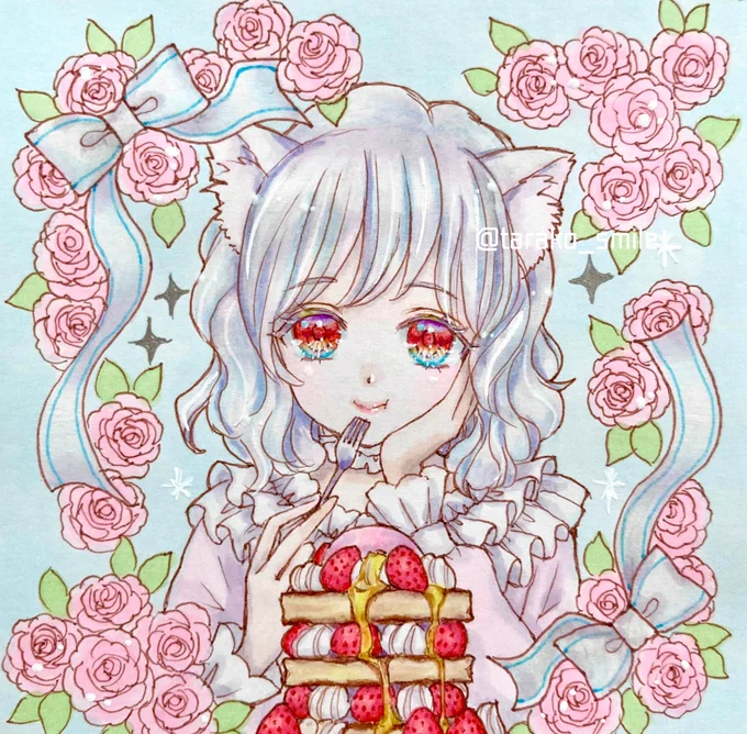 白猫ちゃんとパンケーキ完成しました本当は青い目なのですが、白猫青目の子が多すぎなので今回だけ赤い目にしてみました白猫キャラ多すぎですね(昔白猫飼ってたのでちなみに飼ってないけど黒猫も好きでよく描きます。ただの猫好きですね。) #獣耳カフェの甘い誘惑 