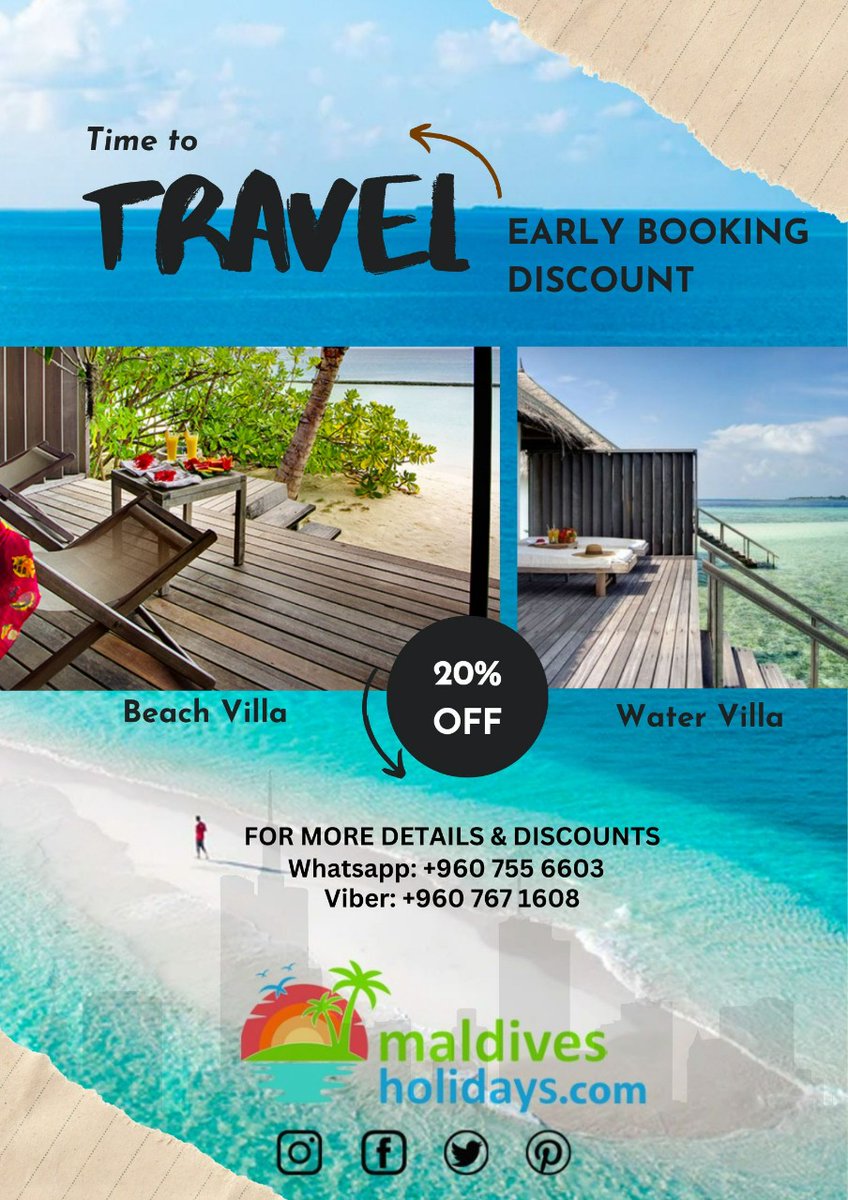 Avail of our EARLY BOOKING PROMO and get 20% discounts on packages.

Terms and Conditions Apply.
#vacation #maldives #familyvacation 
#paradise #maldivesholidays 
#dubai #uk #france #usa 
#dive #vacation #scubadiving
#watervillasmaldives #getaway
#beachvilla #Waterville #paradise