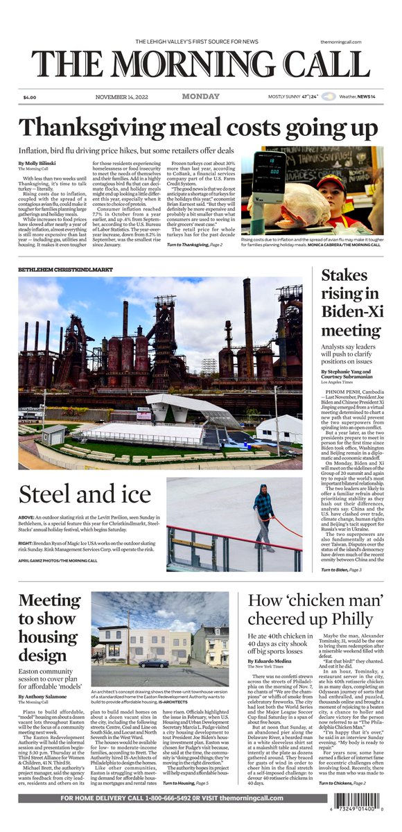 Monday's front page of the <a href="/mcall/">The Morning Call</a> with stories by <a href="/MollyBilinski/">Molly Bilinski, artisanal sentence crafter</a> and @salguy55 with photography by <a href="/mcabrera_snaps/">Monica Cabrera</a> and <a href="/_aprilb_/">April Gamiz</a>.