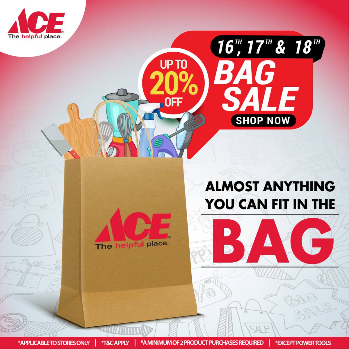 ACEhardwareMV's tweet photo. The Final Bag Sale of 2022 approaches!! 

Visit any Ace Hardware outlet on 16th, 17th, and 18th November 2022 to enjoy 20% off on almost anything you can fit in the bag!

#bagsale #acehardwaremv https://t.co/M53FqZHn69
