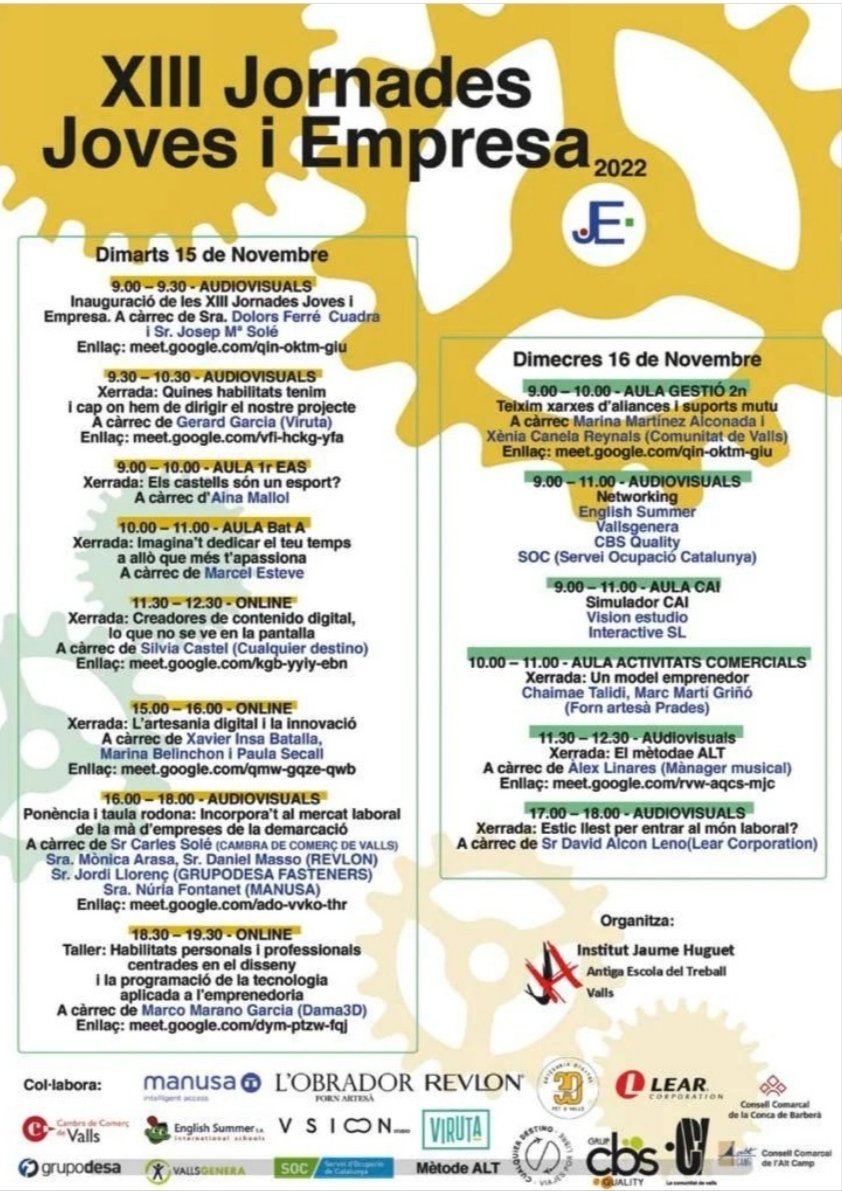 CambraValls's tweet photo. Aquesta setmana participem a les XIII Jornades Joves i Empresa que organitza @InsJaumeHuguet
Demà 15 de novembre prendrem part de la ponència "Incorpora't al mercat laboral de la mà d'empreses de la demarcació", amb
@revlon @Manusa_co i #grupodesa
🕓16hores
#talent #emprenedoria https://t.co/AhnUY4rFJG