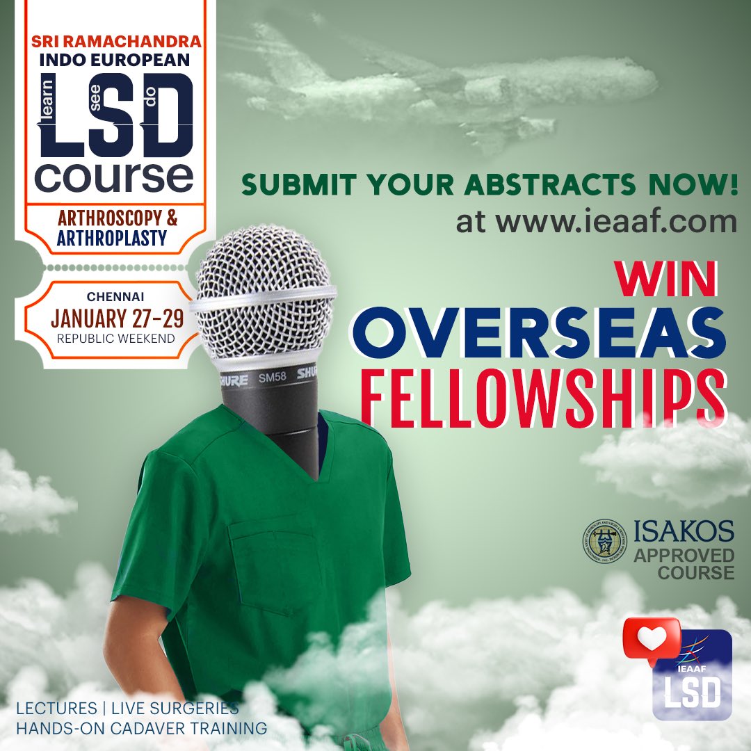 ligamentsurgeon's tweet photo. Submit abstract! Win overseas 
fellowships. #isakosapproved #isakos 
#arthroscopycourse #arthroscopysurgeon 
#ortho #orthotwitter #arthroscopy #rehab #kneefellow 
#arthroplasty #orthopaedics 
#cadaverworkshop #knee 
#shoulder #OrthoTwitter 
#orthopaedicsurgery https://t.co/zXlnemGFTX