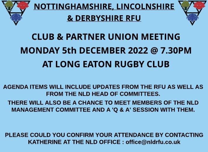 NLD RFU (@nldrfu) on Twitter photo NLD & PARTNER UNION MEETING - 5th December 2022 Starts @ 7.30pm @ Long Eaton Rugby Club
All NLD Club members are welcome to come along - pls book your place by emailing Katherine in the NLD Office - office@nldrfu.co.uk
<a href="/LincsRugby/">Lincolnshire Rugby</a> <a href="/derbyshirerfu/">Derbyshire Rfu</a> <a href="/nottsrfu/">Nottinghamshire RFU</a>
🟦◼️◻️ 🟦⬛️⬜️ 🟦⬛️⬜️ NLD & PARTNER UNION MEETING - 5th December 2022 Starts @ 7.30pm @ Long Eaton Rugby Club
All NLD Club members are welcome to come along - pls book your place by emailing Katherine in the NLD Office - office@nldrfu.co.uk
<a href="/LincsRugby/">Lincolnshire Rugby</a> <a href="/derbyshirerfu/">Derbyshire Rfu</a> <a href="/nottsrfu/">Nottinghamshire RFU</a>
🟦◼️◻️ 🟦⬛️⬜️ 🟦⬛️⬜️