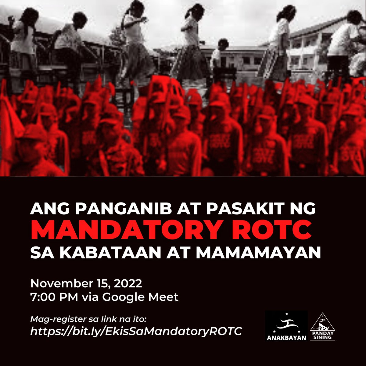 Ano nga ba ang MROTC?
Solusyon ba ito sa kinakaharap na mga problema ng masang Pilipino?

Sumali sa ating talakayan!

November 15, 2022
7:00 PM via Google Meets

Upang makasali sa discussion, mag-register sa link na ito:
bit.ly/EkisSaMandator…

#NoToMROTC
#LigtasNaBalikEskwela