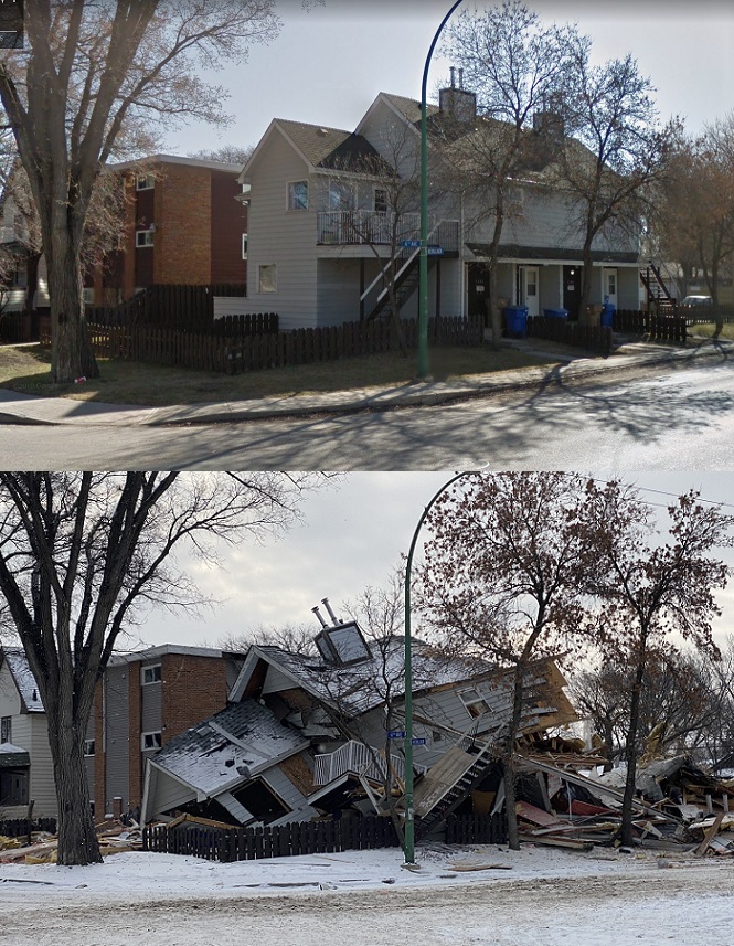strembath's tweet photo. Regina house explosion before/after. Google Streetview (2015) up top. Matt Howard/RDC on bottom. https://t.co/wJEstEQvlC