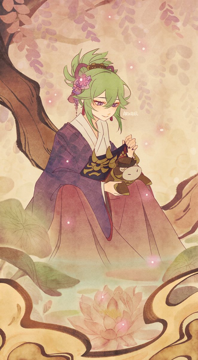 kuki shinobu 1girl green hair flower hair ornament purple eyes jewelry japanese clothes  illustration images