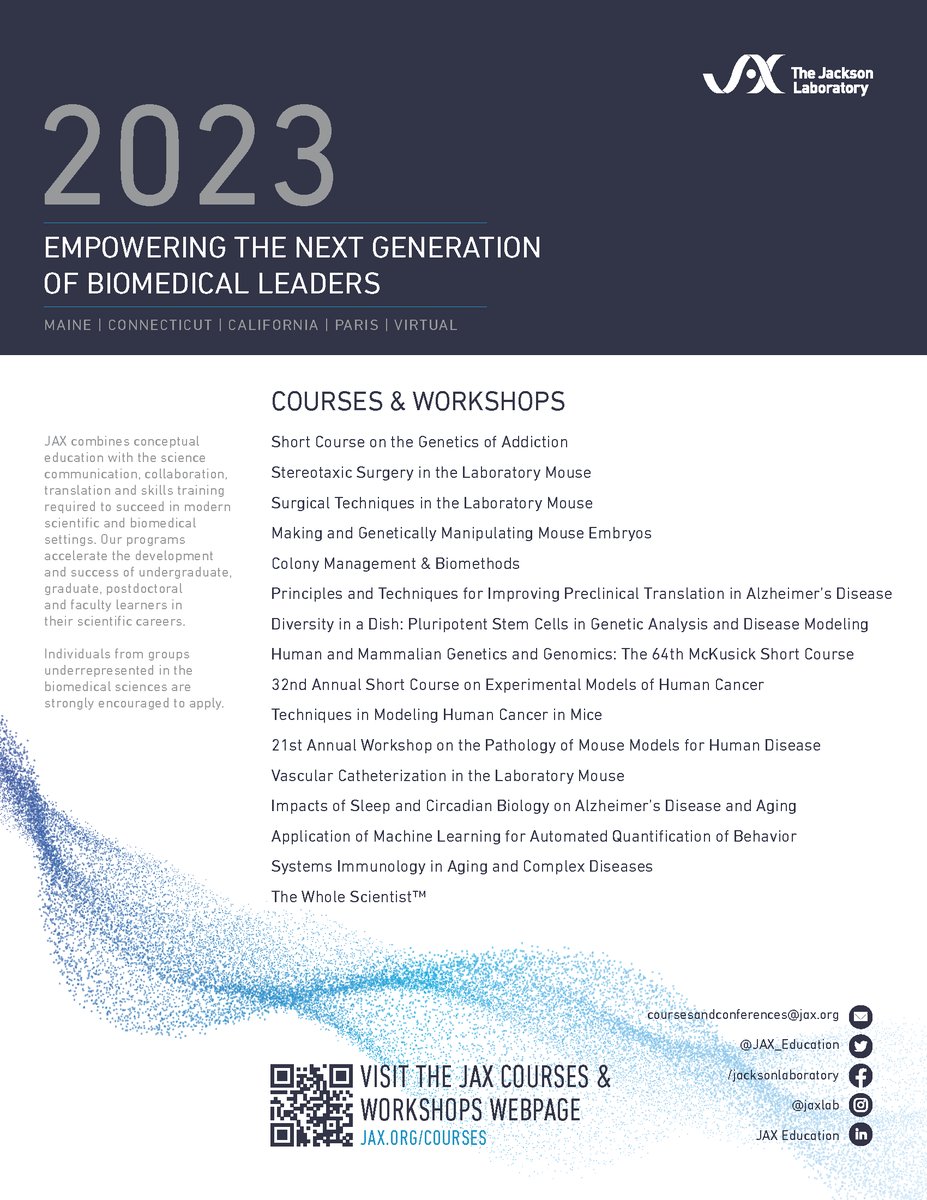 JAX_Education's tweet photo. We are pleased to offer world-class virtual and in-person courses and workshops for a diverse community of learners in biomedical research. Will you join us in 2023?  👇

View the schedule at https://t.co/KRRqij6Lox. https://t.co/UE3poXb2eC