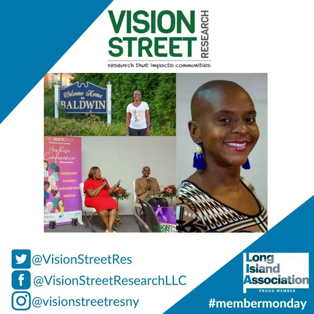 LongIslandAssoc's tweet image. Welcome Vision Street Research, LLC on #membermonday
@VisionStreetRes is a small business that works with Black led firms by providing data analysis &amp;amp; research, project management &amp;amp; workforce development trainings that result in solutions which empower Black &amp;amp; Brown communities.