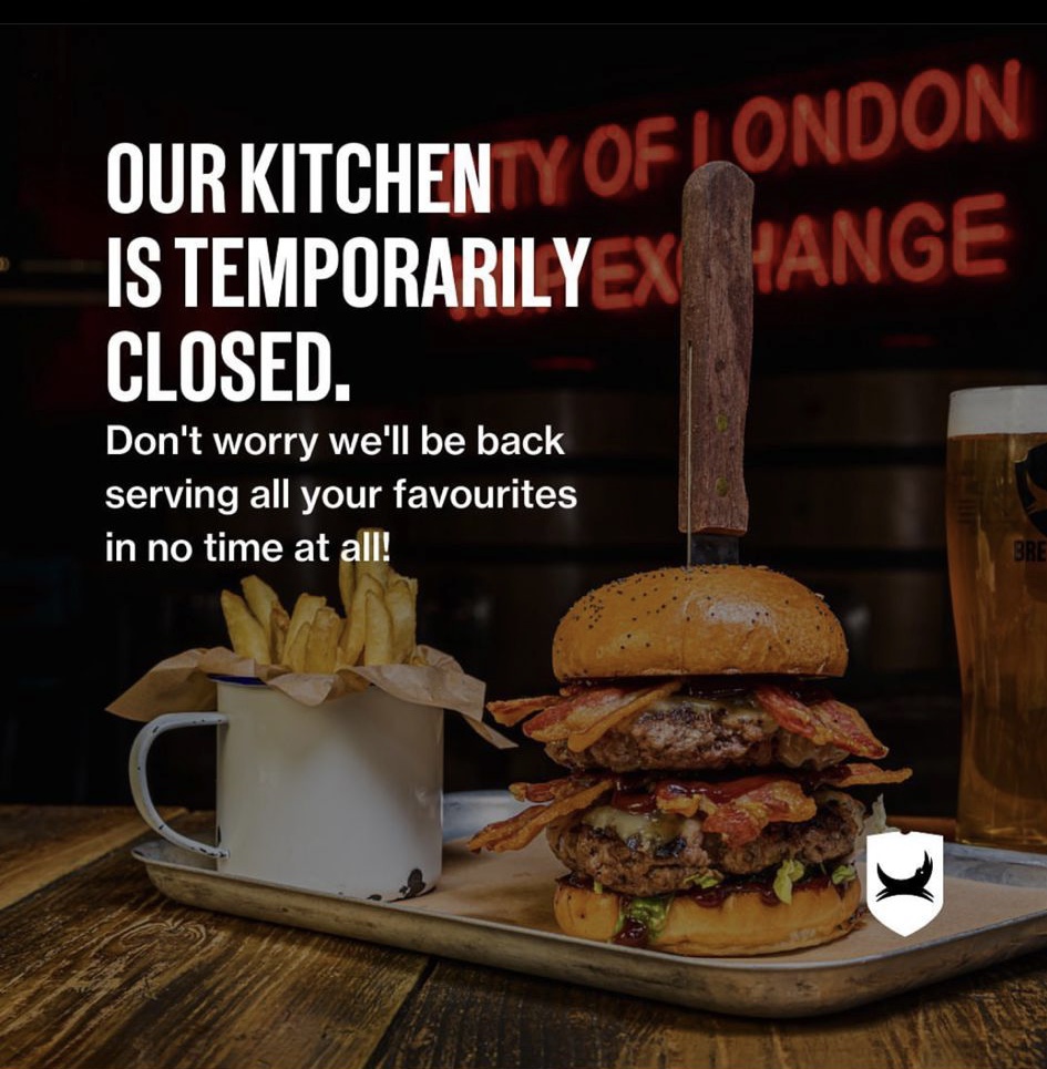 Due to unforeseen circumstances we are having to close our kitchen today (14th November).  Apologies for any inconvenience caused; we look forward to having you tomorrow! 🍔🍻