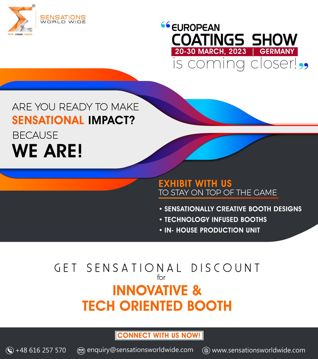 sensations_ww's tweet image. It’s time to stay on top of your game and STAND OUT amongst your competitors at ECS 2023 (@EC_Journal)

Connect now to avail multiple benefits: bit.ly/3txNuvG

#sensationsworldwide #StandDesign #boothcontractor #ECS #ECS2022 #Europeancoatingshow #paintindustry