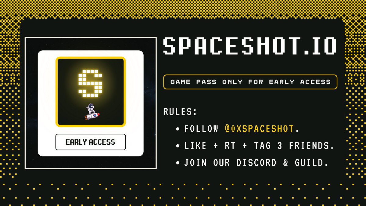 Game Pass Free Mint Announcement! NFT Marketplace : @spriyomarket NFT Minting Date : #TBA To get WL follow: 1️⃣ Follow @0xSpaceShot. 2️⃣ Like + RT + Tag 3 friends. 3️⃣ Join discord.gg/8sFaBySRfu. Best of luck ‼️ ⏰ Ends in 72H 🔔 #WhitList #NFT #FreeMint