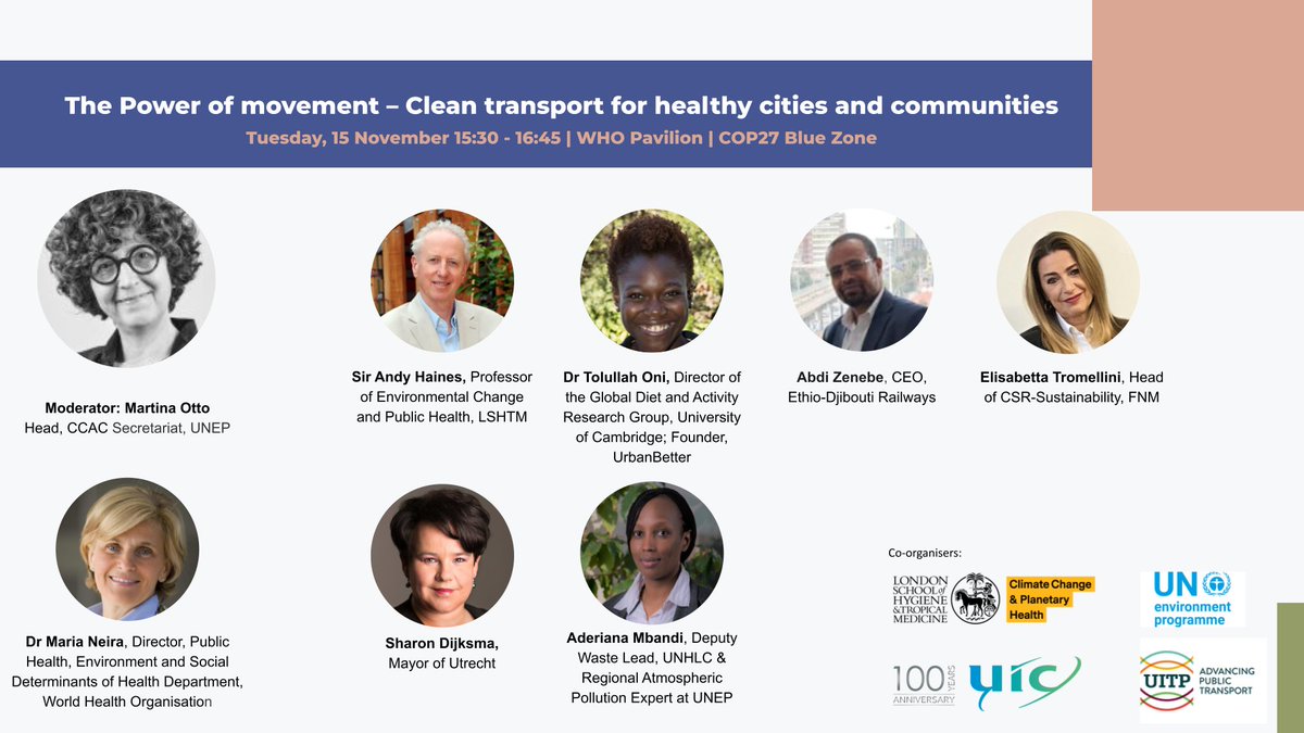 Looking forward to hearing insights from <a href="/LSHTM/">London School of Hygiene & Tropical Medicine</a>’s Andy Haines &amp; experts from the transport sector on changing the way we move in cities to tackle #ClimateChange and improve health. 

Join at the <a href="/WHO/">World Health Organization (WHO)</a> #COP27 pavilion or watch online: bit.ly/3WZEYTX

<a href="/UNEP/">UN Environment Programme</a> <a href="/uic/">UIC railways</a> <a href="/UITPnews/">UITP</a>