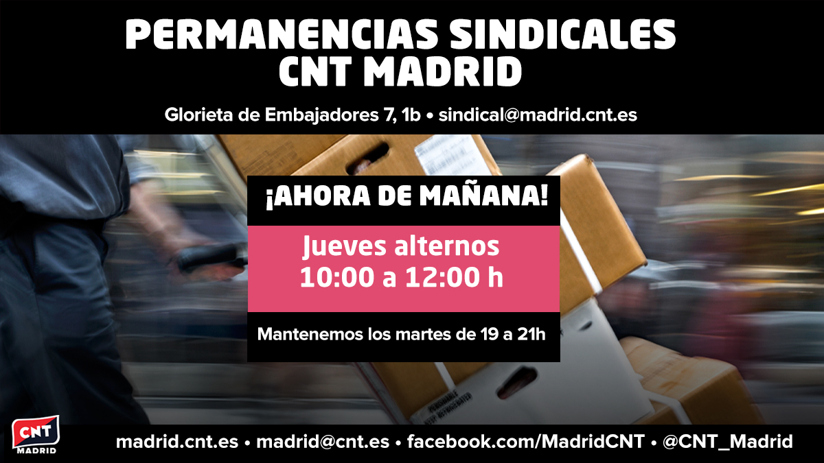 📢Ampliamos horarios de permanencia en el local. Ahora nos encuentras también de mañana los jueves alternos (empezamos este jueves 17 y seguimos 1 y 8 de diciembre).
#CuentaConCNT #ElSindicatoQueTeDefiende