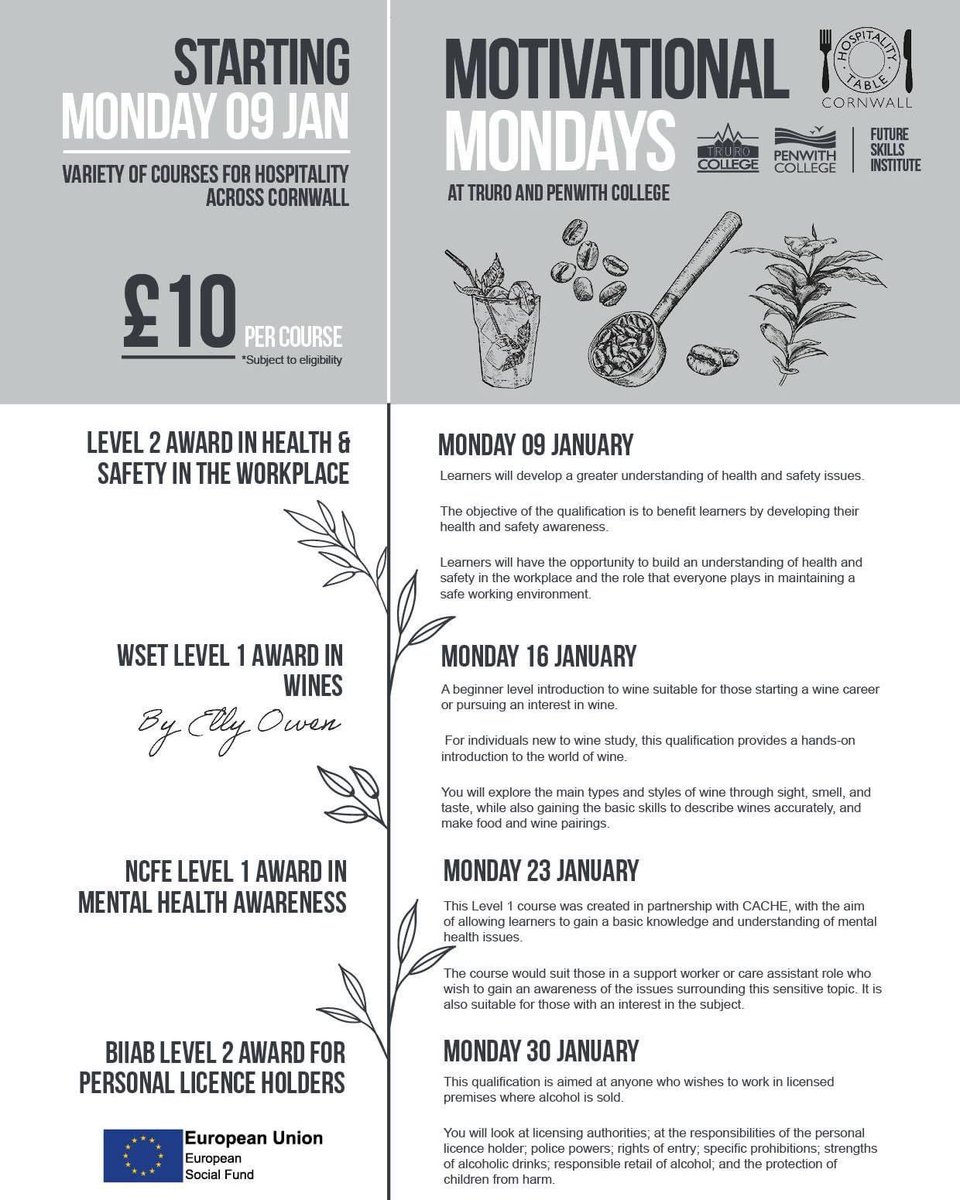 Let us do the training for you without breaking the bank.

Join our variety of courses for hospitality for across Cornwall, every Monday throughout January. 🍽

Book your course today 👉 bit.ly/Motivationalmo…

£10 Hospitality courses subject to eligibility*