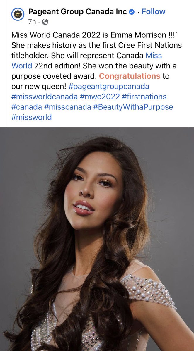 Jabbee17's tweet photo. Congratulations to our home town girl, Emma Morrison!! #MissWorldCanada2022 #MooseCreeFirstNation #Queen #BeautyWithaPurpose https://t.co/axuLsf2Eub
